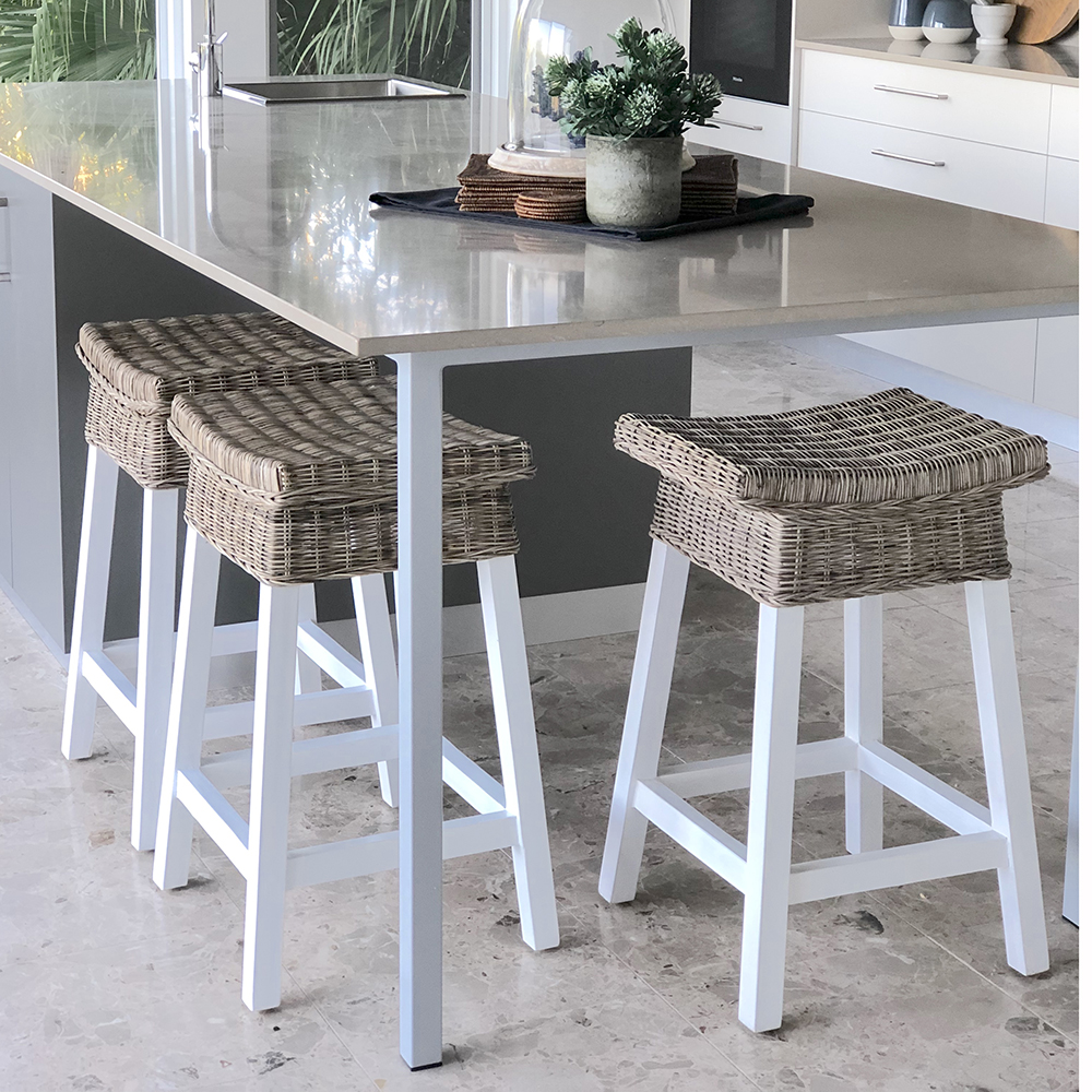 Denver White Wood Rattan Barstool, Wooden Bar Stools With Rattan Seats