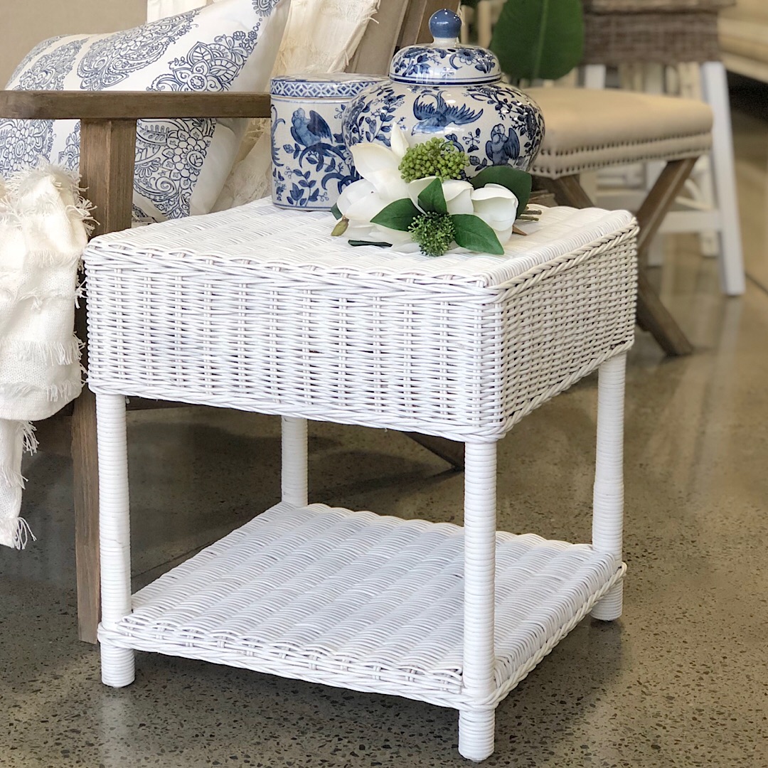 White Rattan Side Table Square Humble Home